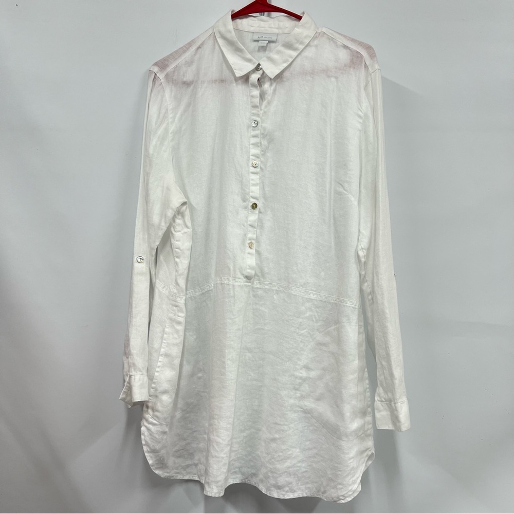 J.Jill Love Linen Womens L collared Blouse top popover Roll Up Sleeves w/pockets